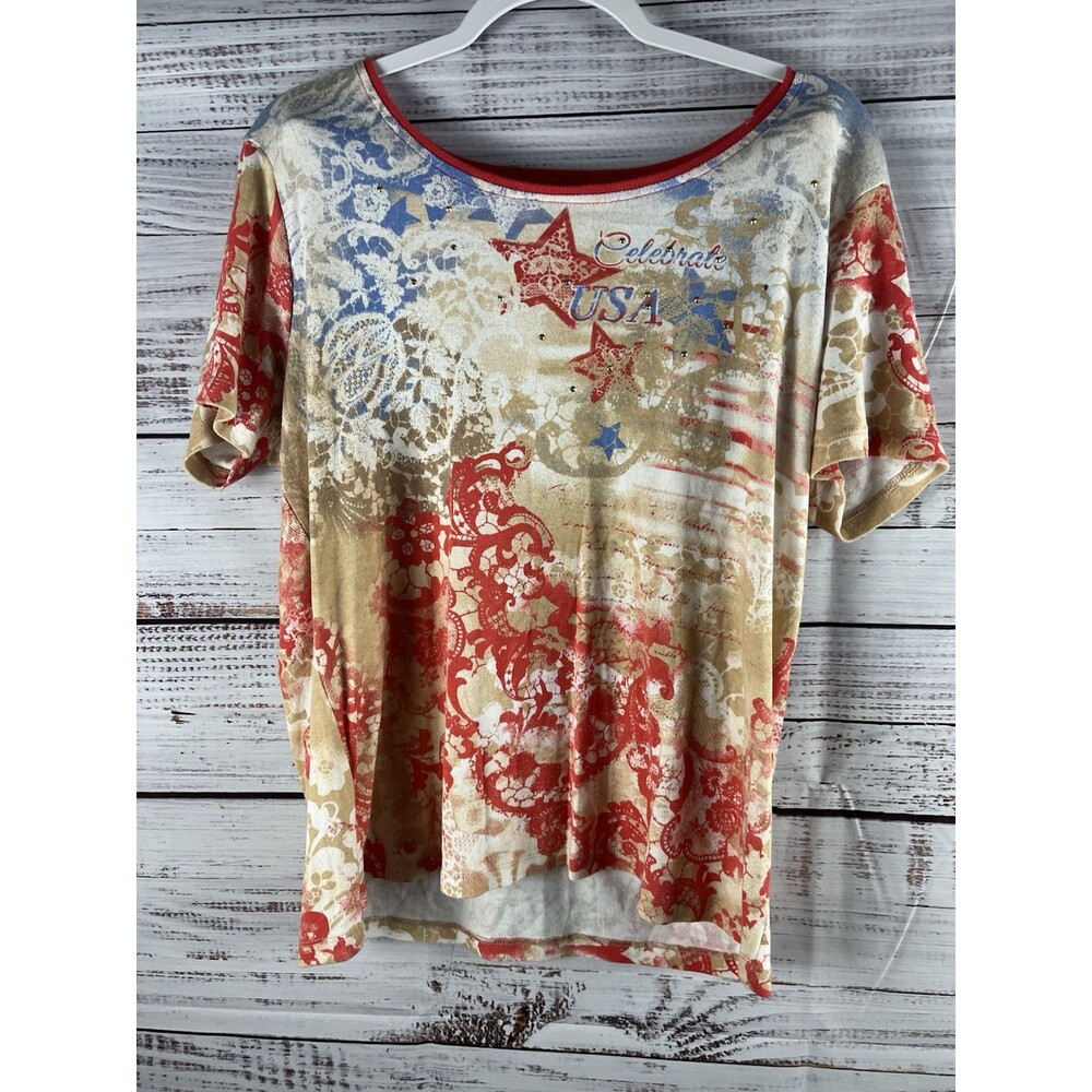 Jason Maxwell Womens Shirt Top Size XL  Multicolor America Stars Short Sleeve